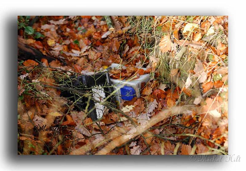 044MH0114-pollution.jpg - Batterie de voiture dans une rigole d évacuation d eau en lisière de foret ,croyez vous que cela soit bon pour les animaux s'ils boivent à cet endroit ?